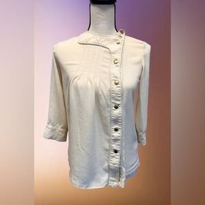 100% Silk Lauren Moffat Ivory Asymmetrical Button Up Blouse Sz. XS Pintuk Detail